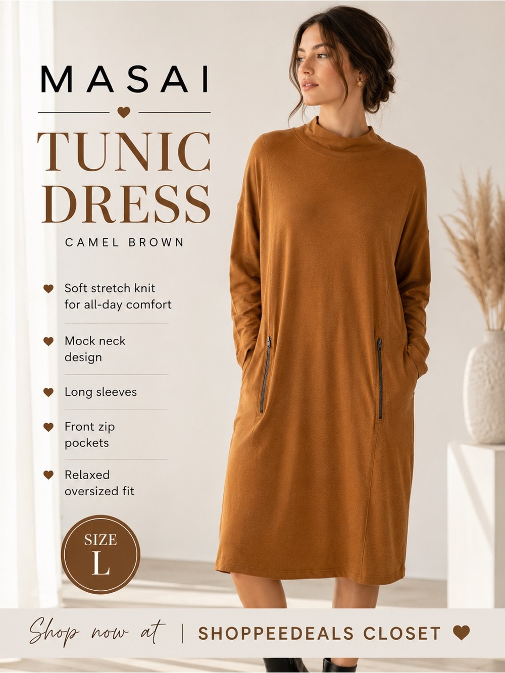 MASAI Camel Brown Mock Neck Tunic Dress Size L